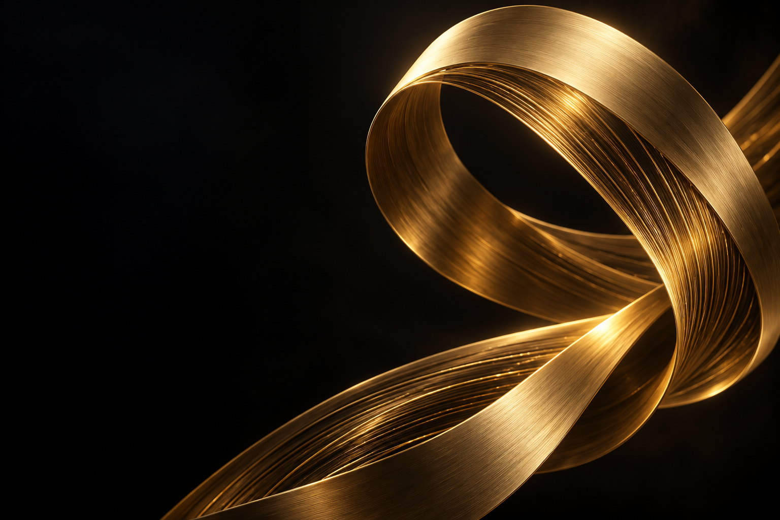 Abstract gold ribbon flowing through a dark digital space